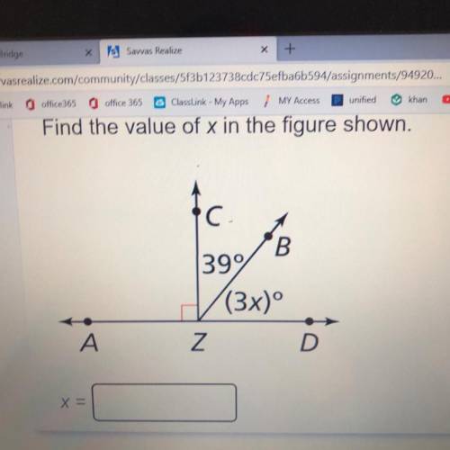 Find the value of x in the figure shown.
C
390AM
399
(3x)°
A
N
D