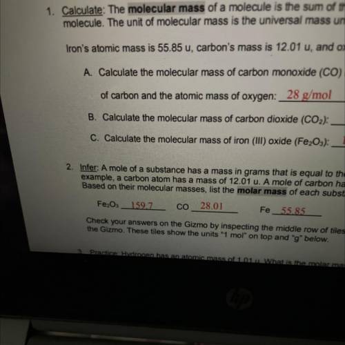 Calculate the molecular mass of iron (Ill) oxide (Fe,O3)
