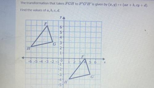 The transformation that takes FGH to F'G'H' is given by (2,y) - (ax + b, cy + d).

Find the values