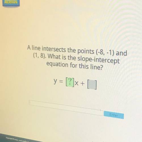 A line intersects the points (-8, -1) and

(1,8). What is the slope-intercept
equation for this li
