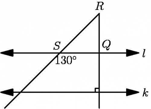 In the diagram, $l\|k$. What is the number of degrees in $\angle SRQ$?