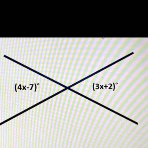 1. Remember what we know about vertical angles and solve for X.
(4x-7)
(3x+2)