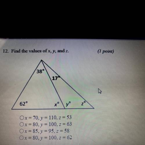 12. Find the values of x, y, and z.
(1 point)