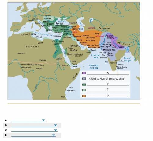 This map shows the Islamic world in the early modern era. Analyze the map and, in each lettered spa
