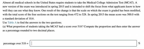 What proportion of students taking the MCAT had a score over 518 ? Compute the proportion and then