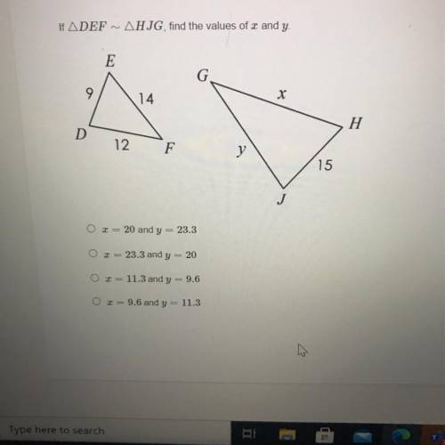 If DEF ~ HJG, find the values of x and y.