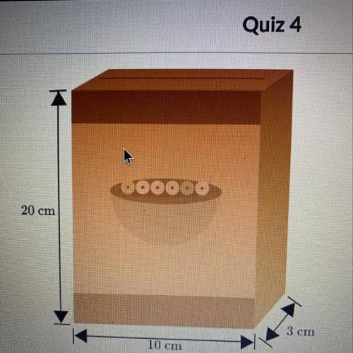 The cereal box shown below is a rectangular prism. Find the surface area of the cereal box. ​
