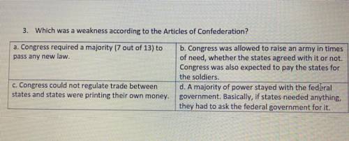 Which was a weakness according to the Articles of Confederation?

a. Congress required a majority