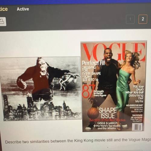 Describe two similarities between the King Kong movie still and the Vogue Magazine cover.