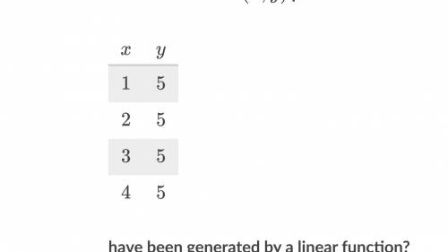 HELP! DUE IN 5 MINS TvT

Could the table of (x,y) pairs
Have been generated by a linear function?