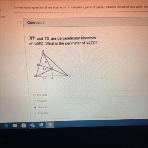 RT and TS are perpendicular bisectors of triangle ABC . What is the perimeter of AATC?