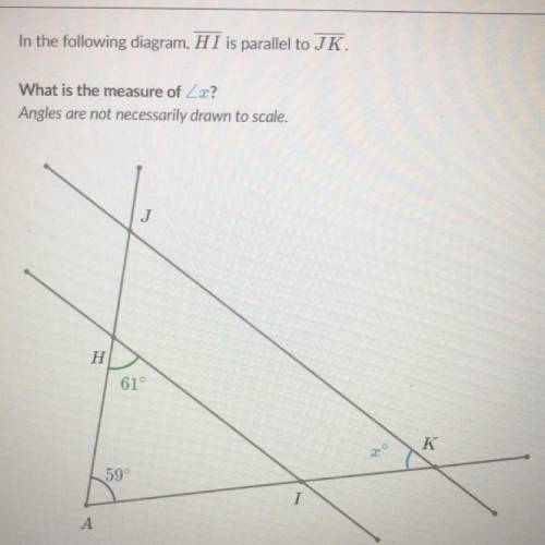 Pls help me! In the following diagram, HI is parallel to JK.

What is the measure of X?
Angles are