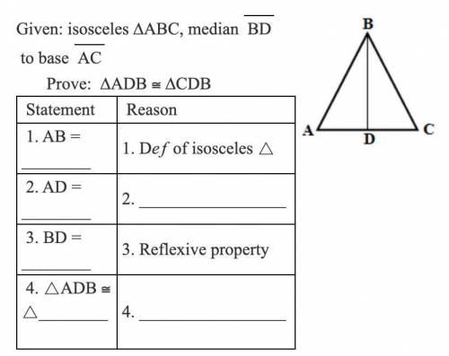 Given isosceles ABC, median BD to base AC. Prove ADB=CDB. AB=, AD=, BD=, ADB=

PLEASE GIVE IN A ST