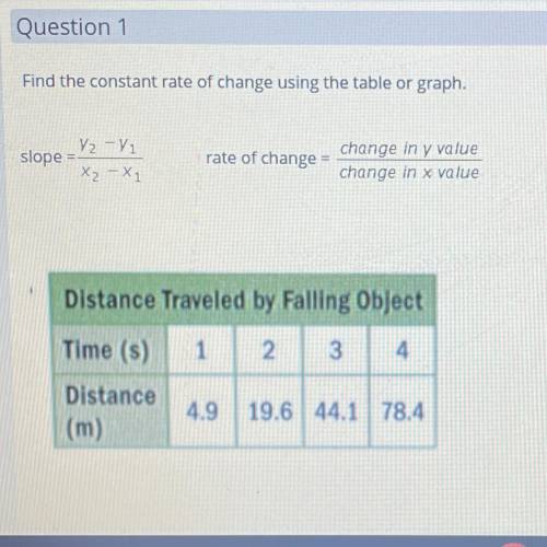 Find the constant rate of change using the table or graph.

V2 V1
slope =
X2 X1
change in y value