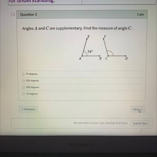 Angles A and Care supplementary. Find the measure of angle C. 
There is a picture