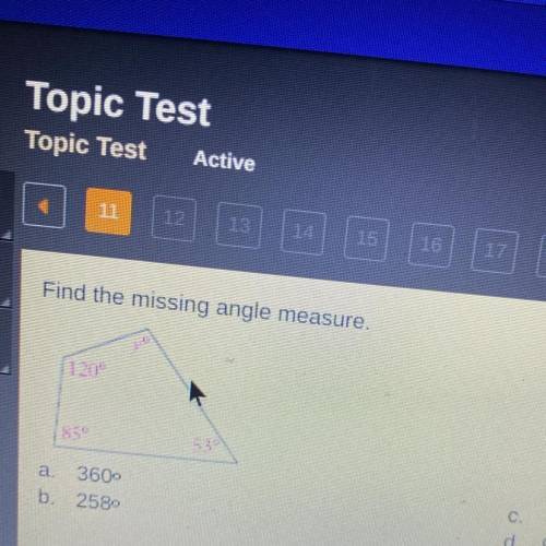 Find the missing angle measure. A.360° B.258° C.102° D.90°