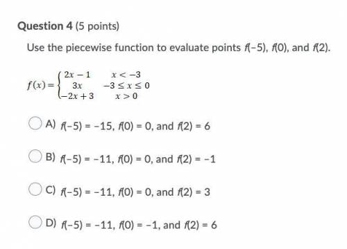 Use the piecewise function to evaluate points f(–5), f(0), and f(2).