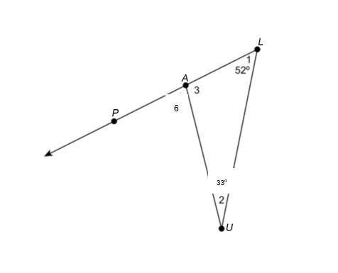 In the figure, ∠6 is an exterior angle to (square) AUL.

A: Explain why m∠6 is equal to the sum of