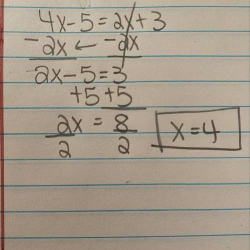 Solve for X 4x-5=2x+3