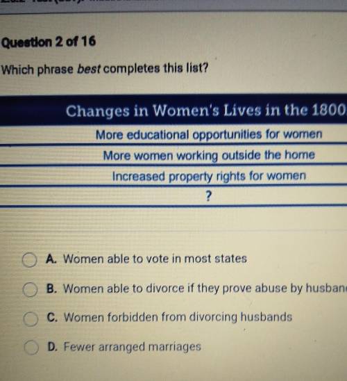 Which phrase best completes this list? Changes in Women's Lives in the 1800s More educational oppor