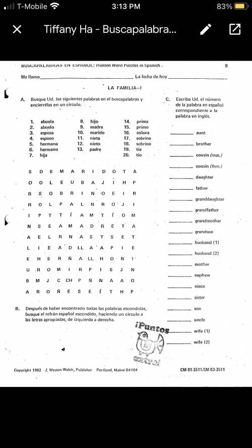 I need help for this assignment it’s la familia hidden word puzzle in Spanish
