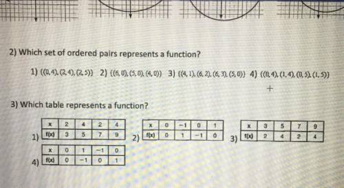 Which set of ordered pairs represents a function

1) {(0,4)(2,4)(2,5)}
2){(6,0)(5,0)(4,0)}
3){(4,1
