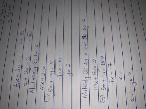Solve the following system of equations using the elimination method5x+3y=1x+2y=3​