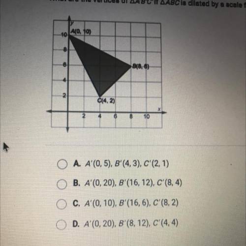 What are the vertices of AA'B'C' if AABC is dilated by a scale factor of 2?
