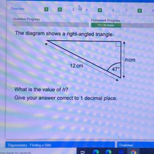 The diagram shows a right angled triangle

What is the value of h?
Give your answer to 1 decimal p