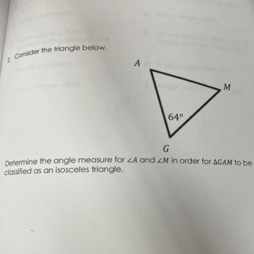 Consider the triangle below.

Determine the angle measure for angle A and angle M in order for tri