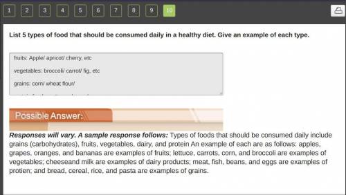 List 5 types of food that should be consumed daily in a healthy diet. Give an example of each type.
