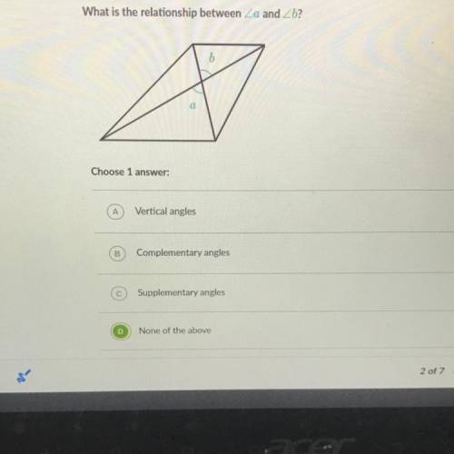Help!!

What is the relationship between
Choose 1 
Vertical angles
Complementary angles
Sup