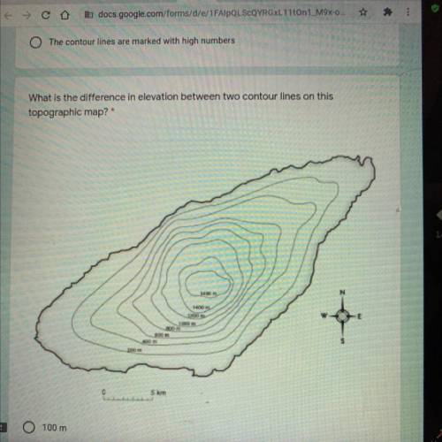 What is the difference in elevation between two contour lines on this

topographic map? 
A100m
B20