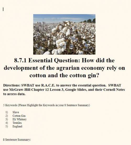 How did the development of the agrarian economy rely on cotton and the cotton gin?