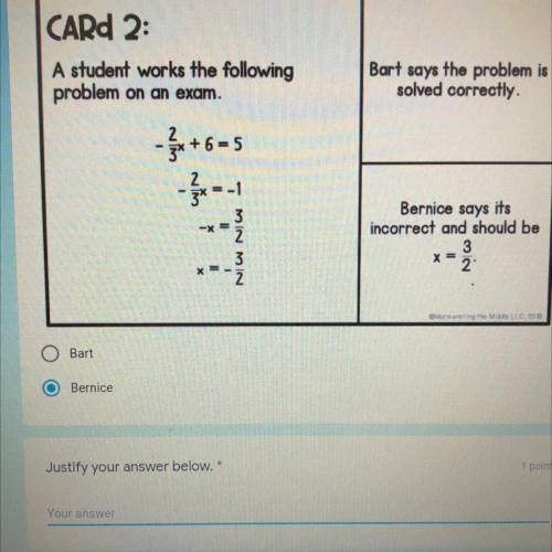 Bart says the problem is

solved correctly
CARD 2:
A student works the following
problem on an exa