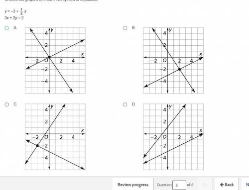 Choose the graph that shows this system of equations. y = –3 + 1/2x and 3x + 2y = 2