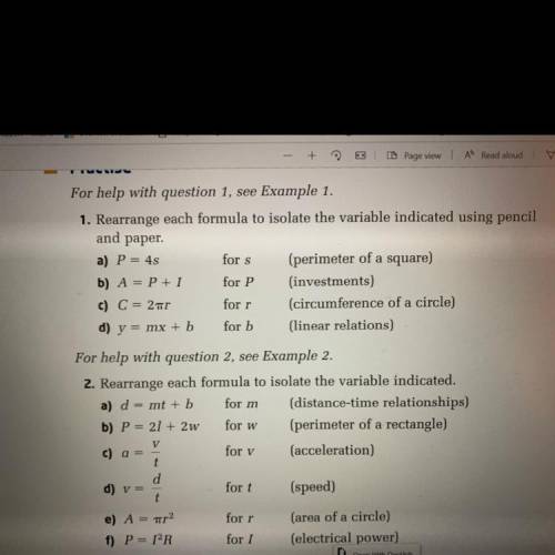 Rearrange each formula to isolate the variable indicated using pencil and paper.

Can someone expl