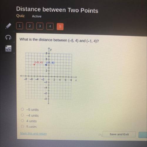 What is the distance between (-5,4) and (-1, 4)