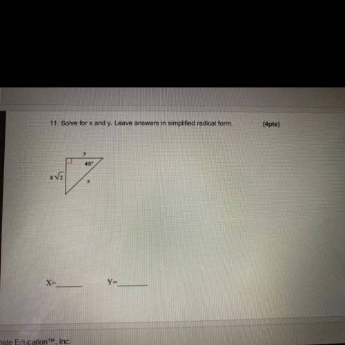 Solve for x and y. Leave answers in simplified radical form.