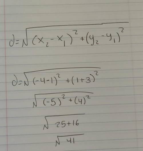 Plsss Help Due soon!!

What is the distance between (-4, 1) and (1, -3)?