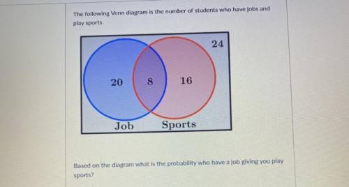 The following Venn diagram is the number of students who have jobs and

play sports
24
20
8
16
Job