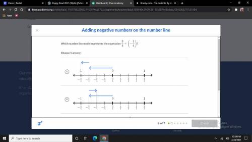 Which number line model represents the expression 3/4 + (-1/4) ?