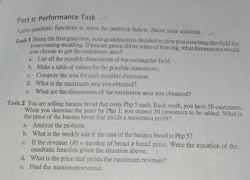 Performance task quadratic funtions​
