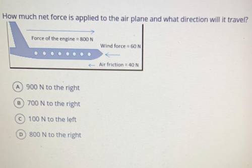 How much net force is applied to the air plane and what direction will it travel?

Force of the en