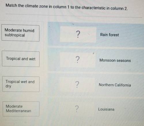 FIVE POINTS AND BRAINLIEST TO CORRECT ANSWER Match the climate zone in column 1 to the characterist