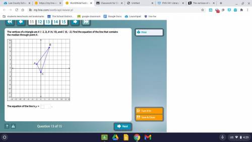 The vertices of a triangle are A (−2, 2), B (4, 10), and C (0, −2). Find the equation of the line t