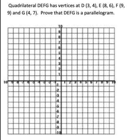 Quadrilateral DEFG has vertices at D(3,4) E(8,6) F(9,9) G(4,7). Prove that DGEF is a parallelogram
