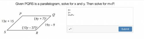 Given PQRS is a parallelogram, solve for x and y. Then solve for m