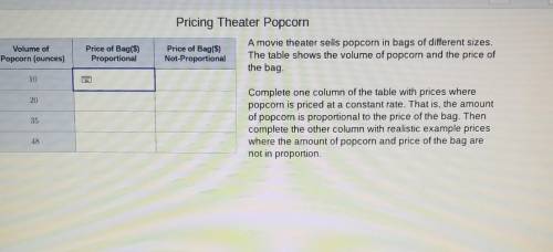 A movie theater sells popcorn in bags of different sizes. The table shows the volume of popcorn and