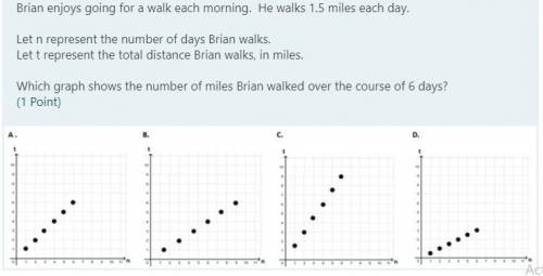 Brian enjoys going for a walk each morning. He walks 1.5 miles each day.

Let n represent the numb